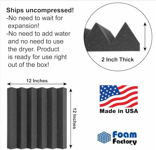 Foam Factory Inc 24 Pack Color Acoustic Foam Panel Studio Soundproofing Wedge Wall Tiles 12” X 12” X 2” (Charcoal)