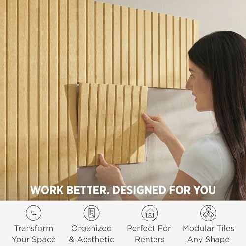 VIVELDA Large Felt Bulletin Board 48 x 36 Inch - 12-Pack Square Acoustic Wall Panels, Cork Board Alternative, NRC 0.95, Damage-Free Adhesive, Slatted Design for Home, Classroom (Mustard)