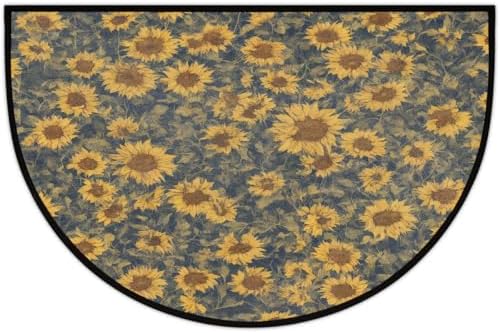 Sunflower Retro Flower Half Round Door Mat Non Slip Washable Semi Circle Area Rug Absorbent Soft Half Moon Rug Floor Mat for Indoor Outdoor Kitchen Bathroom Patio Front Door Mat Decor