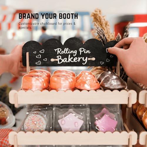 HOTCAN Wooden Cookie Display Stand with Chalkboard Sign for Bakers, Vendors, Craft Fairs | Pastry Display for Market Booths & Events | 3 Tiered Cookie Display for Muffins, Cakes, and Pastries(Natural)