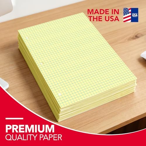 KAISA Loose Leaf Notebook Paper, 4x4 Quad Graph Ruled, 300 Sheets Per Lined Paper, 8" x 10.5", 3 Hole Punched for 3 Ring Binder, Canary, Made In USA