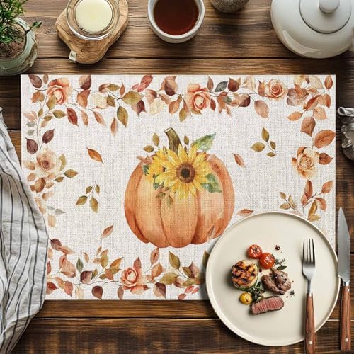 Boho Fall Placemat, Thanksgiving Watercolor Pumpkins Heat Resistant Washable Table Place Mats Sunflowers Eucalyptus Table Linens Party Holiday Decor for Home Kitchen Dining Outdoor Indoor,