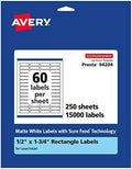 Avery® Matte White Rectangle Labels, Sure Feed® Technology, 0.5" x 1.75", 15,000 Matte White Printable Labels
