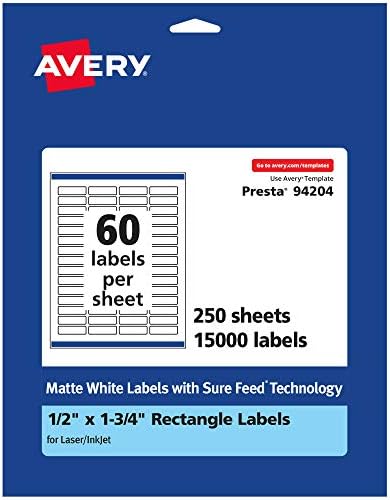 Avery® Matte White Rectangle Labels, Sure Feed® Technology, 0.5" x 1.75", 15,000 Matte White Printable Labels