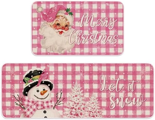 JarThenaAMCS Christmas Kitchen Mat Set of 2 Pink Plaid Santa Snowman Kitchen Floor Mats Winter Non-Slip Door Rugs for Xmas Party Home Entrance, 17 x 29 Inch & 17 x 47 Inch
