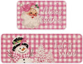 JarThenaAMCS Christmas Kitchen Mat Set of 2 Pink Plaid Santa Snowman Kitchen Floor Mats Winter Non-Slip Door Rugs for Xmas Party Home Entrance, 17 x 29 Inch & 17 x 47 Inch