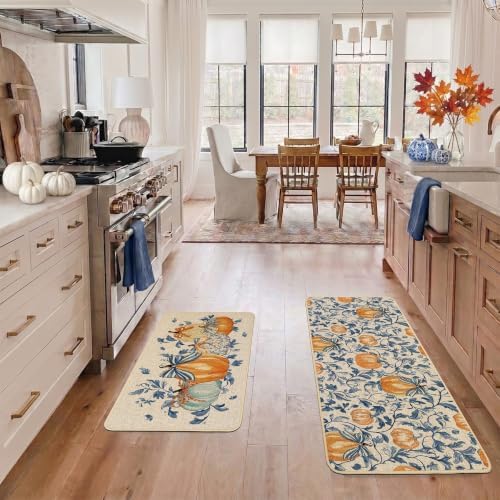Baccessor Fall Kitchen Rugs Set of 2, Pumpkin Blue Leaf Kitchen Mats for Floor Washable Low-Profile Autumn Holiday Home Indoor Outdoor Decor 17x29 and 17x47 Inch