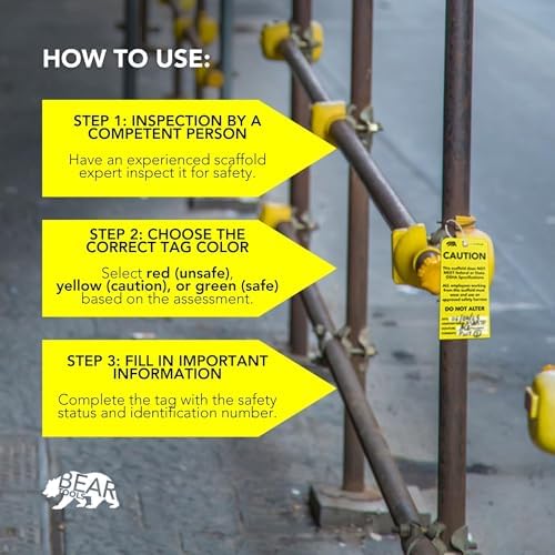 BearTOOLS Scaffold Tags Safety Inspection Kit with Cable Ties - Caution Scaffold Status Warning Sign - Laminated 3 x 6 in, Pack of 25 - Weatherproof, Tear-Resistant - Yellow Tags