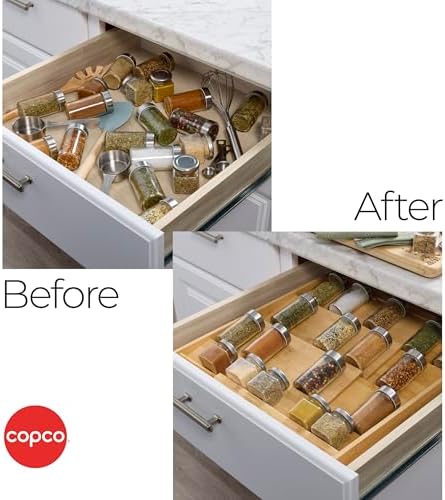 Copco Bamboo Expandable Spice Organizer Drawer and Counter Lazy Susan Turntable Style Tiered Rack - Adjustable 4-Tier Natural Wood Kitchen Spice Storage Organizer for Cabinet, Pantry, or Bathroom