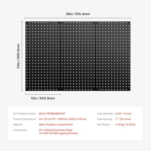 VEVOR Metal Pegboard Panels, 24" x 12" Pegboard, 3 Panels, Heavy Duty Steel Peg Board Wall Organizer, for Living Room Garage Tool Storage Workbench Office Organization Craft Room Kitchen Home, Black