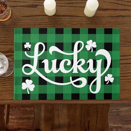 St. Patrick's Day Buffalo Plaid Placemats Set of 4, Lucky Shamrocks Clover Heat Resistant Washable Dining Table Mats Rustic Green Black Farmhouse Decor for Kitchen&Table Linens Outdoor Indoor