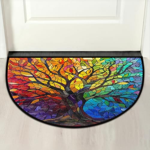 Stained Glass Tree Summer Half Round Door Mat Non Slip Washable Semi Circle Area Rug Absorbent Soft Half Moon Rug Floor Mat for Indoor Outdoor Kitchen Bathroom Patio Front Door Mat Decor