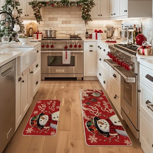 Artoid Mode Snowman Let It Snow Snowflake Christmas Kitchen Mats Set of 2, Winter Home Decor Low-Profile Kitchen Rugs for Floor - 17x29 and 17x47 Inch