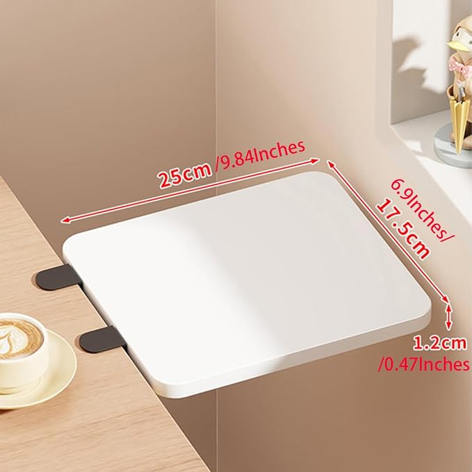 Desk Extender Tray, Punch-Free Clamp on 90° Foldable Keyboard Drawer Tray, Table Mount Armrest Shelf, Computer Elbow Arm Support (White, 6.9"*9.8"*0.5"/17.5cm*25cm*1.2cm)