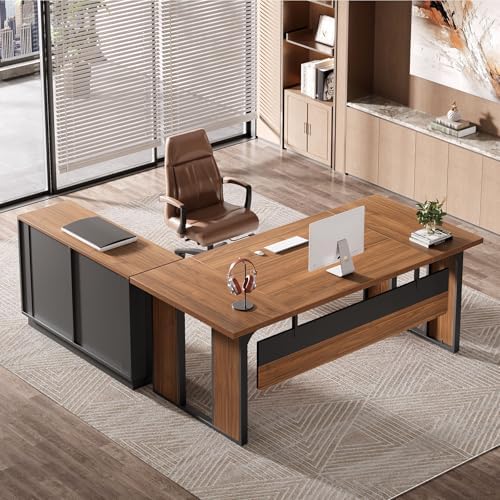 Tribesigns 63‘’ L-Shaped Executive Desk, Office Table with 47-Inch Drawers Cabinet, Large Computer Desk with Storage Shelves, Business Furniture Set for Home Office, Brown