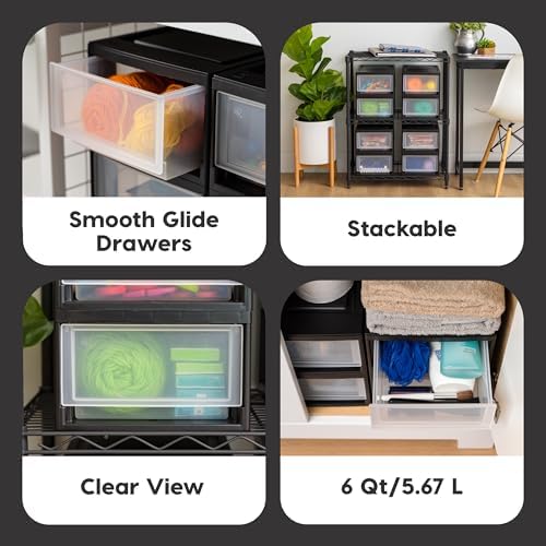 IRIS USA 4-Pack, 6 Qt. Small Stacking Drawer Storage Organizer, Black