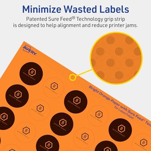 Avery Printable Round Labels, Sure Feed Technology, 1" Diameter, Bright Orange Labels, Print-to-the-Edge, Laser/Inkjet, 1,920 Total, Great for Price Stickers and Mailing Seals