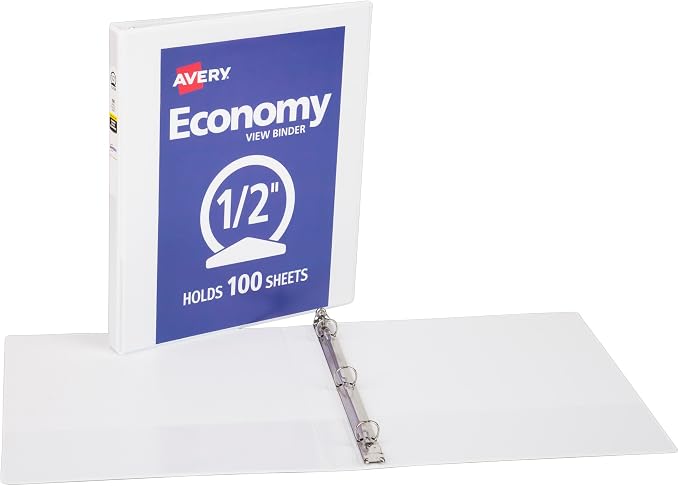 Avery Standard View 3 Ring Binder, 0.5" Round Rings, 1 White Binder | For School, Home and Everyday Organization, Clear View Covers, Interior Storage Pockets, PVC-Free Pockets, Lay-Flat Pages