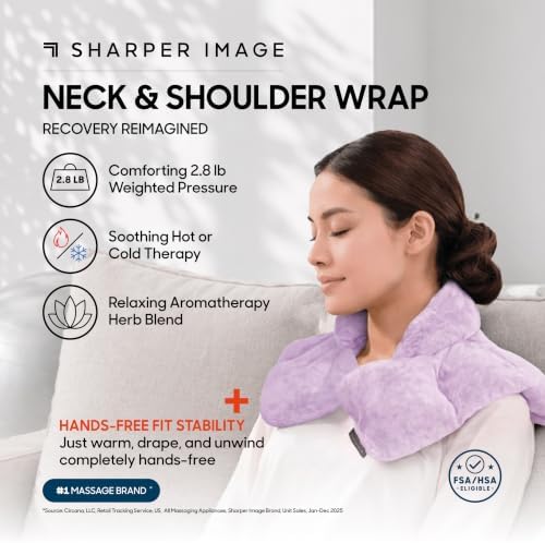 Sharper Image Heated Neck & Shoulder Wrap - Microwavable Warm & Cooling Plush Pad, Scented Aromatherapy (100% Natural Lavender & Herb Spa Blend), Pain Tension Headache Relief Therapy, Gift for Women