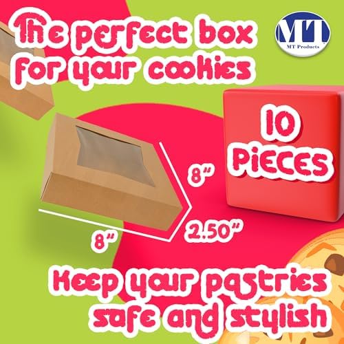 MT Products Kraft Cookie Boxes 8" x 8" x 2.5" - Bakery Boxes with Window (Pack of 10) - Made in USA