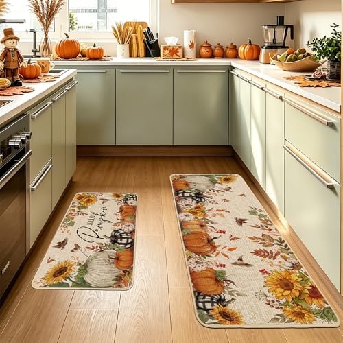 Baccessor Fall Kitchen Rugs Set of 2, Pumpkin Sunflower Kitchen Mats for Floor Washable Low-Profile Farmhouse Autumn Holiday Home Indoor Outdoor Decor 17x29 and 17x47 Inch