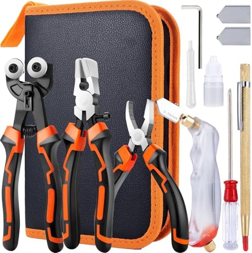 Glass Cutting Tool Kit with Tile Nipper, Glass Running Pliers, Breaker Grozer Pliers, Glass Cutter for Stained Glass, Tiles, Mosaic, with Storage Bag