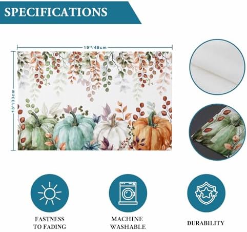 Fall Thanksgiving Placemats Set of 6, Autumn Pumpkins Eucalyptus Leaves Heat Resistant Washable Dining Table Mats Fall Holiday Farmhouse Decor for Kitchen&Linens Outdoor Indoor, Blue Sage Green Orange