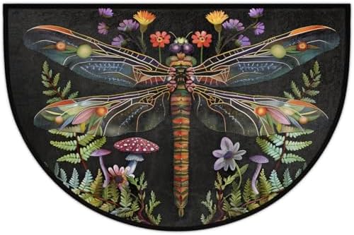 Dragonfly Mushroom Flower Half Round Door Mat Non Slip Washable Semi Circle Area Rug Absorbent Soft Half Moon Rug Floor Mat for Indoor Outdoor Kitchen Bathroom Patio Front Door Mat Decor