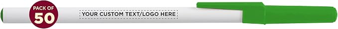 DISCOUNT PROMOS Custom Value Stick Pens Set of 50, Personalized Bulk Pack - Black Ink, Great for Office, School, Business, Tradeshows, Events - Green
