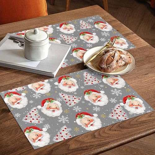 Grey Christmas Placemats Set of 6, Santa Claus Merry Christmas Tree Heat Resistant Washable Table Place Mats Winter Snowflake Cotton Table Linens Party Holiday Decor for Kitchen Dining Outdoor Indoor