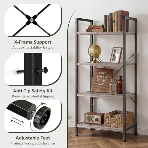 4 Tier Bookshelf, Free Standing Bookcase with Open Storage Shelves