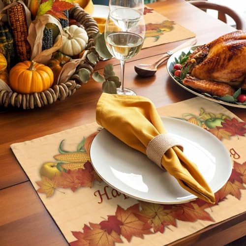 Vandarllin Thanksgiving Holiday Placemats Set of 4, Fall Harvest Pumpkins Cotton Linen Stain Resistant Table Mats Washable Placemat Decoration for Kitchen Dining Table,Autumn