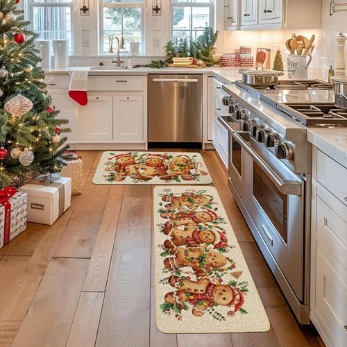 Baccessor Christmas Gingerbread Kitchen Rugs Set of 2,Merry Christmas Xmas Winter Kitchen Mats Washable Non Slip for Floor Hallway Laundry Sink Holiday Home Decor 17x29 and 17x47 Inch