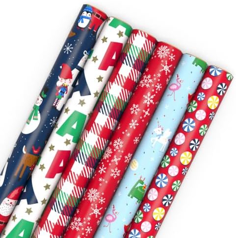 Hallmark Kids Christmas Wrapping Paper Rolls with Cutlines on Reverse (6 Rolls: 180 Sq. Ft. Total) Dinosaur, Unicorn, Flamingo, Koala