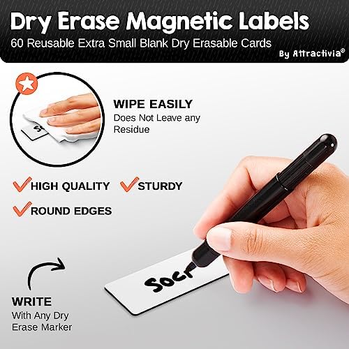 Attractivia Dry Erase Magnetic Labels 2.8 x 1.2 in, Dry Erase Magnets, 60-Pack, White Erasable Write-On All-Purpose Labels, for Office, Education, Home, Whiteboard, Magnetic Name Tags