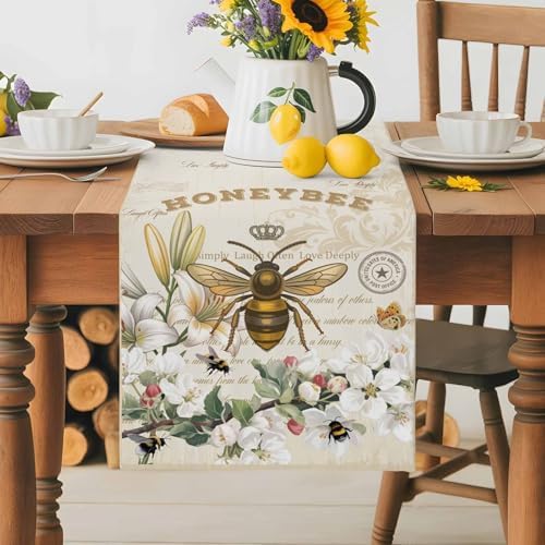 Bee Table Runner Dresser Scarf 13 x 36 Inch Farmhouses Honeybee White Floral Plants Retro Beige Table Runners Non-Slip Heat Resistant Kitchen Dining Table Decor for Home Holidays Indoor Outdoor