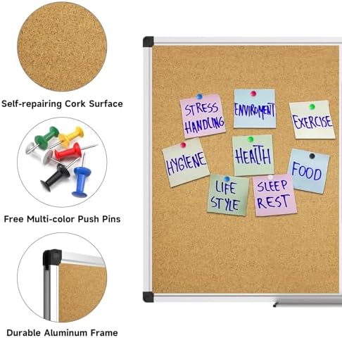 XBoard Magnetic Dry Erase Board Cork Board Combo, 48" x 36", Aluminum Frame