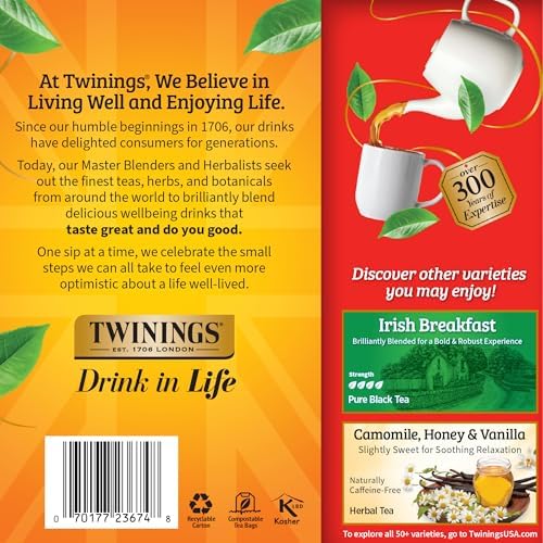 Twinings English Breakfast Black Tea Individually Wrapped Bags, 100 Count (Pack of 1), Smooth, Flavourful, and Robust, Caffeinated, Enjoy Hot or Iced, 100 Teabags