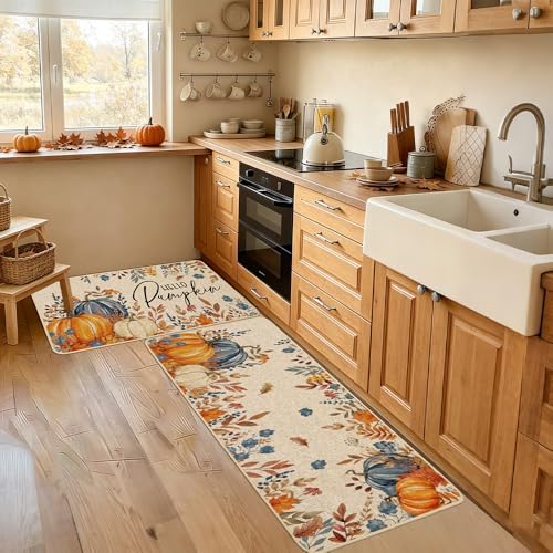 Baccessor Fall Kitchen Rugs Set of 2, Blue Pumpkin Floral Kitchen Mats for Floor Washable Low-Profile Farmhouse Autumn Holiday Home Indoor Outdoor Decor 17x29 and 17x47 Inch