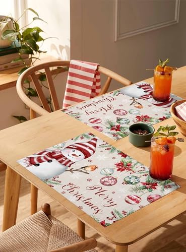Merry Christmas Placemats Set of 4, Cotton Linen Snowman Table Mats Non-Slip Washable Snowflake Christmas Tree Balls Poinsettia Flower Retro Placemat for Holiday Banquet Dining Kitchen Table Decor