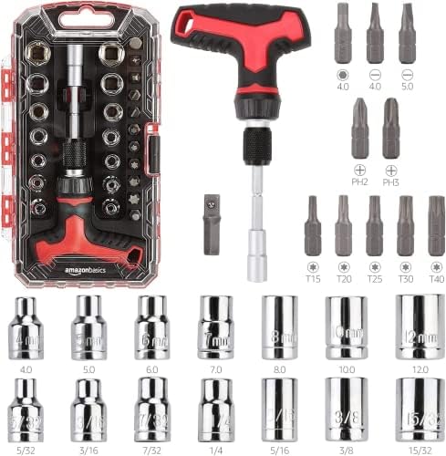 Amazon Basics 27-Piece Ratchet Screwdriver and Socket Set, Light-Duty T-Handle with Magnetic Bit Holder, Cr-V Steel, for Household DIY, Electronics and Appliance Repair, Compact Tool wit Hard Case