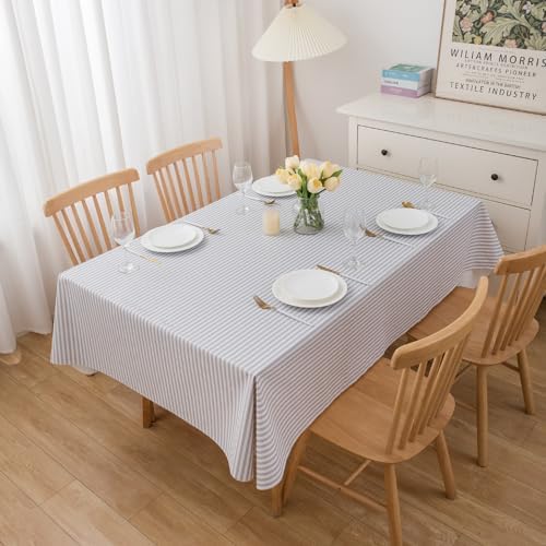 LIBERECOO 60" Round Vinyl Tablecloth with Flannel Backing, Gray Stripe Waterproof Plastic Table Cover for Indoor & Outdoor
