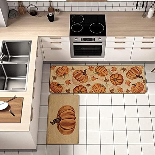 Fall Pumpkin Kitchen Mats Set of 2, Autumn Kitchen Rugs, Non-Slip Absorbent Door Mats, Seasonal Thanksgiving Home Decor Kitchen Floor Mat 17x29 and 17x47 Inch DM087