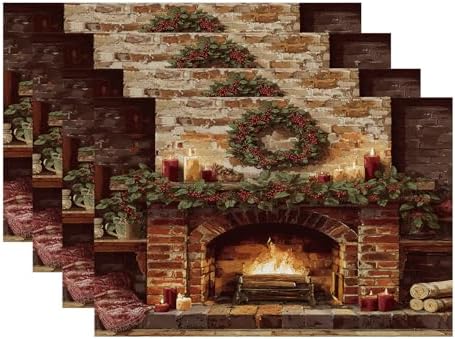 Batmerry Vintage Christmas Placemats, Cozy Fireplace Scene Washable Linen Table Mats for Kitchen Table Double Insulation Decor Dining Set Indoor Outdoor 12X18 in Set of 4