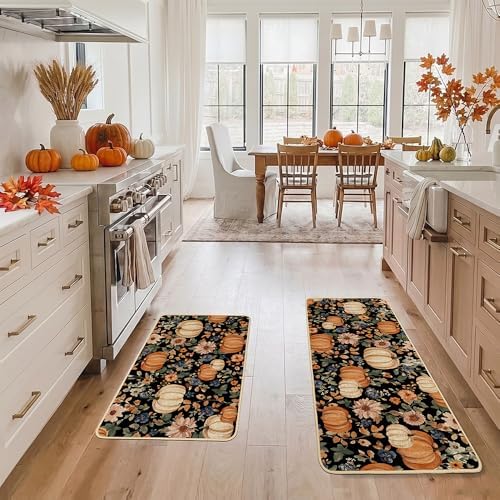 Baccessor Fall Kitchen Rugs Set of 2, Pumpkin Floral Kitchen Mats for Floor Washable Low-Profile Farmhouse Autumn Holiday Home Indoor Outdoor Decor 17x29 and 17x47 Inch