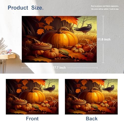 Batmerry Happy Thanksgiving Day Linen Placemats Set of 4, Pumpkin Harvest Turkey Rice Fields Washable Table Mats for Kitchen Table Thickened Heat Insulation Dining Set Indoor Outdoor 12X18 in