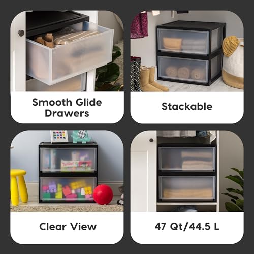 IRIS USA 2-Pack, 47 Qt. Extra Large Stacking Drawer Organizer, Black