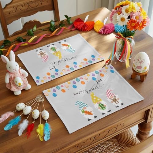 Vandarllin Happy Easter Gnomes Placemats Set of 4,Heat Resistant Cotton Linen,Carrrot Rabbit Bunny Colorful Eggs Table Mats Washable Spring Holidays Placemat Decoration for Home Kitchen Dining Party