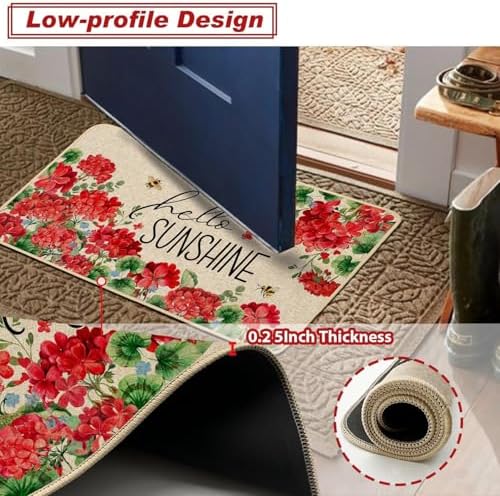 Baccessor Summer Kitchen Mats Set of 2, Geranium Floral Bee Kitchen Rugs for Floor Non Slip Absorbent Low-Profile Seasonal Farmhouse Home Decor 17x29 and 17x47 Inch