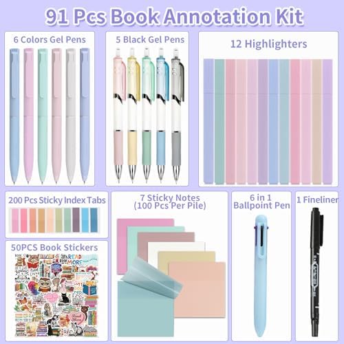 91 Pcs Book Annotation Kit, Aesthetic Pens and Highlighters Set, Transparent Sticky Notes for annotating, Sticky Tabs for Books, Reading Book Stickers for Book Lover, Bible Study Supplies Bookworm